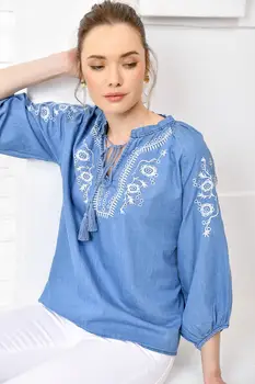

Trend Alacati Style Women Blue Embroidery Embroidered Denim Blouse ALC-X3670