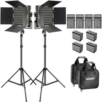 

Neewer Bi-color LED Video Light and Stand Kit with Battery + Charger-Dimmable with U Bracket and Barndoor,Light Stand for Studio
