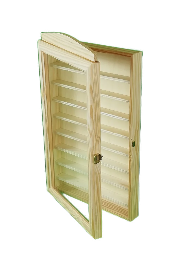 Vitrina colecciones dedales 2 puertas. Capacidad: 200 dedales. Medidas  ancho/fondo/alto 66672 cms.Madera de pino en crudo. Para pintar. -   México