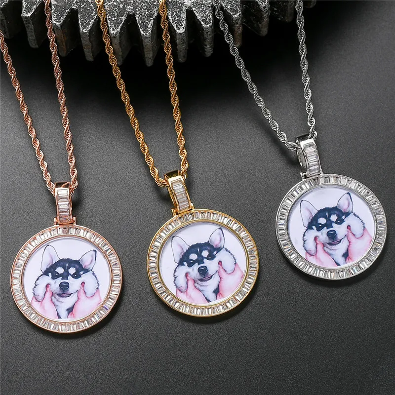 

Hip Hop Jewelry DIY Memory Medallions Photo Round Pendant Necklaces for Women Men Angel Bezel Cubic Zircon Necklace