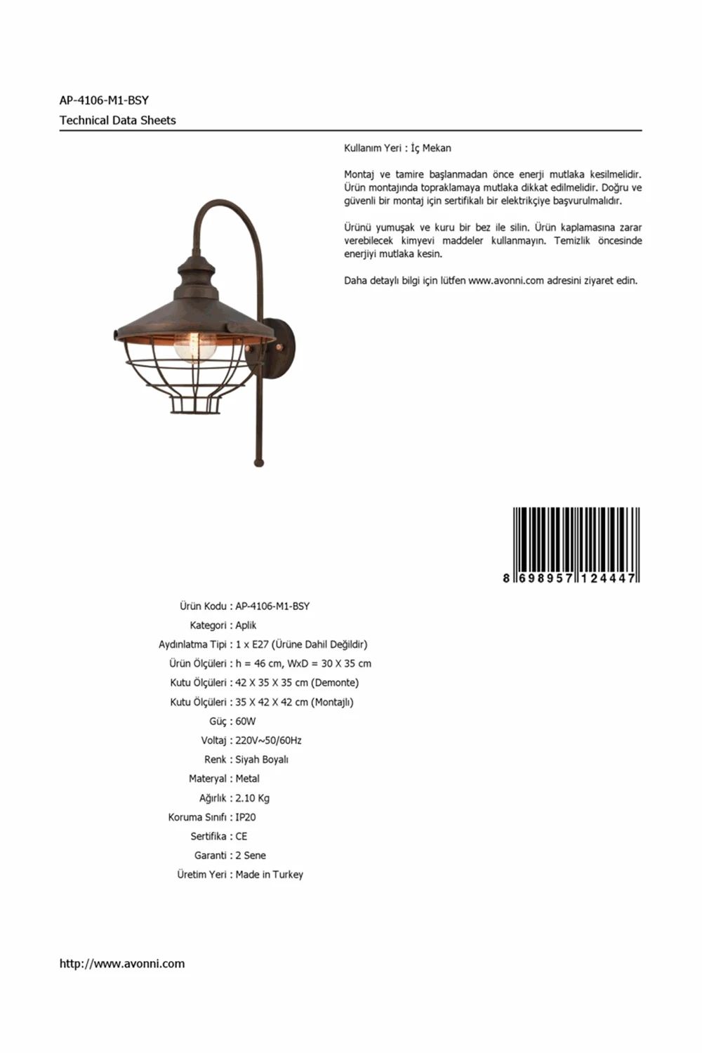 AVONNI AP-4106-M1-BSY черный окрашенный Настенный бра, E27, металл, 30x