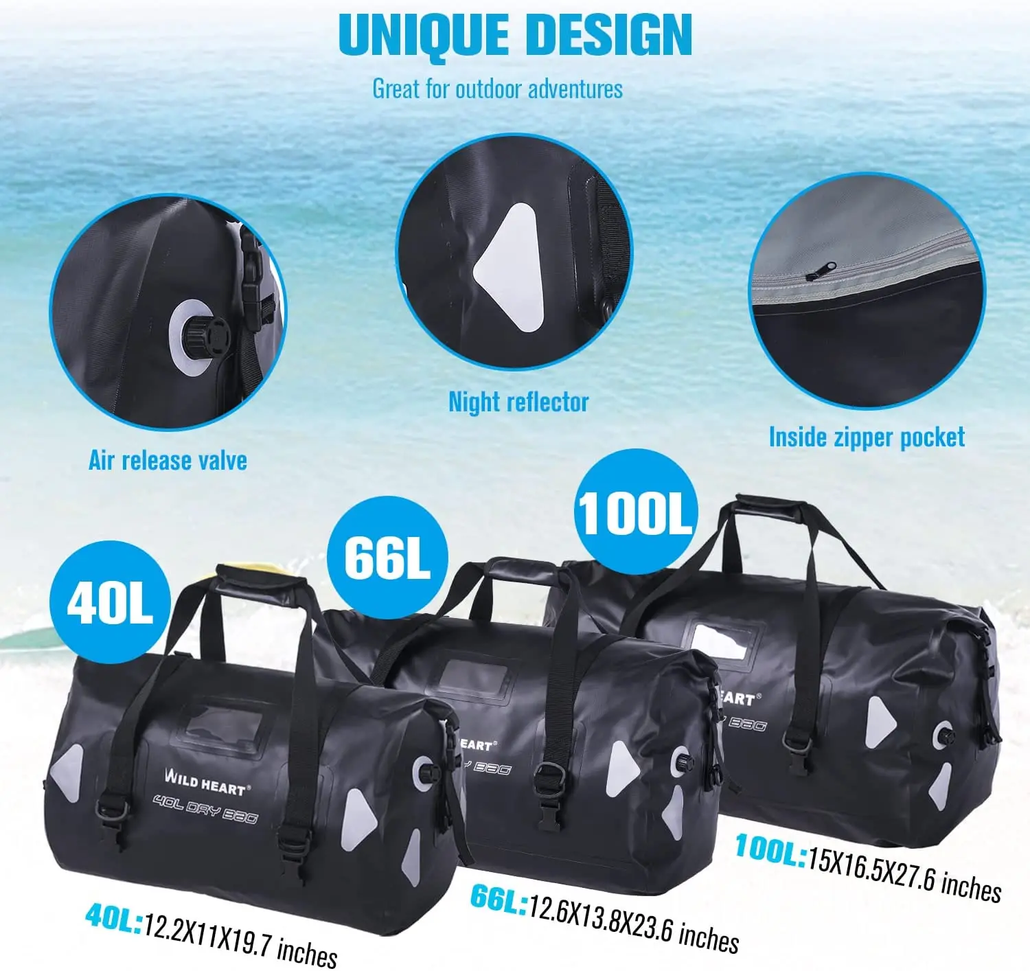 WILD HEART 40L 66L 100L Waterproof Duffle Bag Motorcycle Bag Motorcycle Tail Bag Reflective  Motorcycle Seat Bag 3