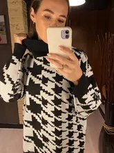White Sweater Turtleneck Long Pullover Simplee Knitted Houndstooth Black Women Warm Fashion