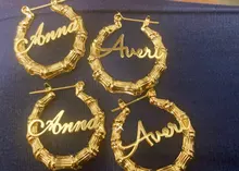 DOREMI-pendientes de aro de bambú de acero inoxidable, personalizables, con nombre, estilo bambú, con palabras llamativas