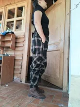 Pantalones harén de cintura elástica para mujer, pantalón holgado Vintage de algodón y lino a cuadros, estilo artístico, de talla grande, para primavera y verano, D414