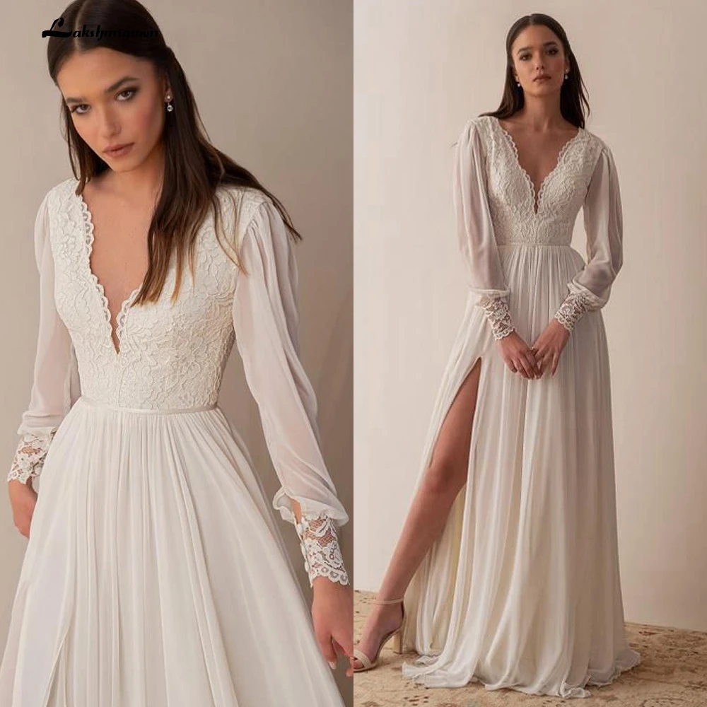 reception dress for bride Lakshmigown Ivory Lace Chiffon Long Sleeves V-Neck Split Skirt Boho Beach Wedding Dresses Vestidos Long Beach Bridal Gown bridesmaid