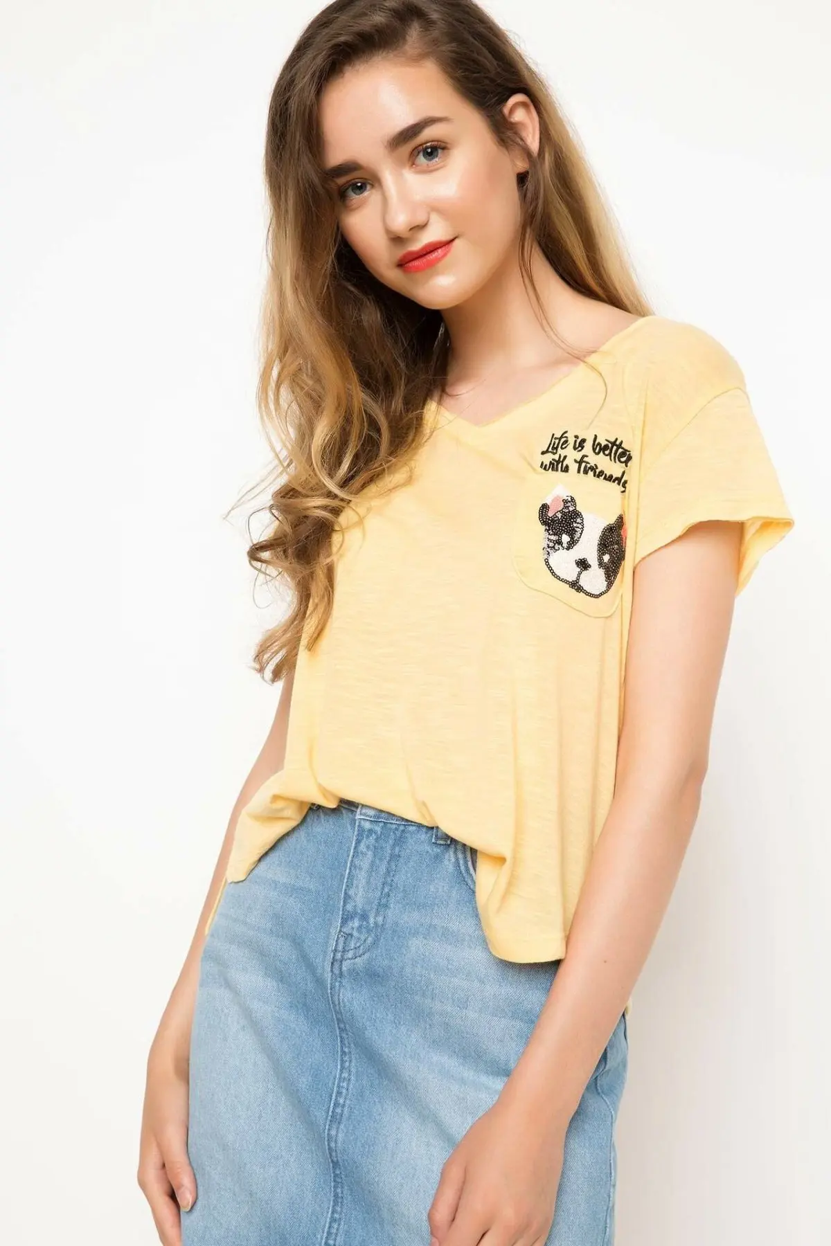

DeFacto Women Summer Casual Yellow Top Tees Cute Dog Image Knitted-energy H9846AZ17HSYL276-H9846AZ17HS