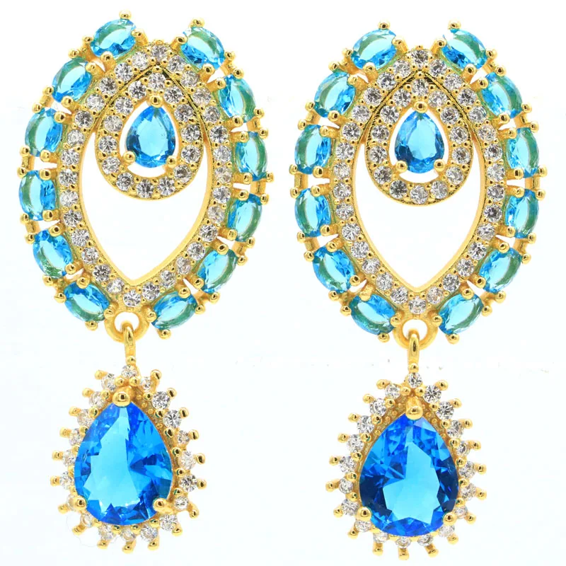 43x20mm Fancy 8.8g Created Swiss Blue Topaz For Women Daily Wear 14K Gold Silver Pendant Earrings | Украшения и аксессуары
