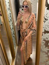 100% de algodón estampado para mujer, Vestido tipo Kimono elegante con cinturón propio, Túnica de talla grande para playa, Q1228