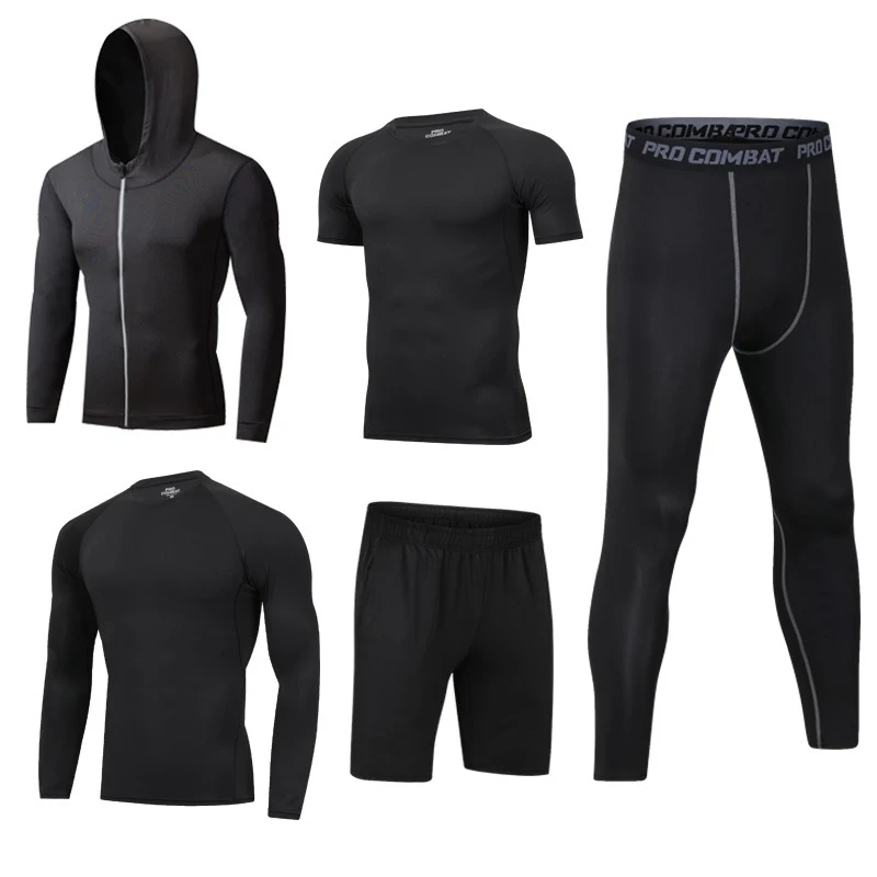 Men's Workout Clothes Athletic Shorts Shirt Set 5 in1 for Basketball Football Exercise Training Running Gym Compression Suits 3