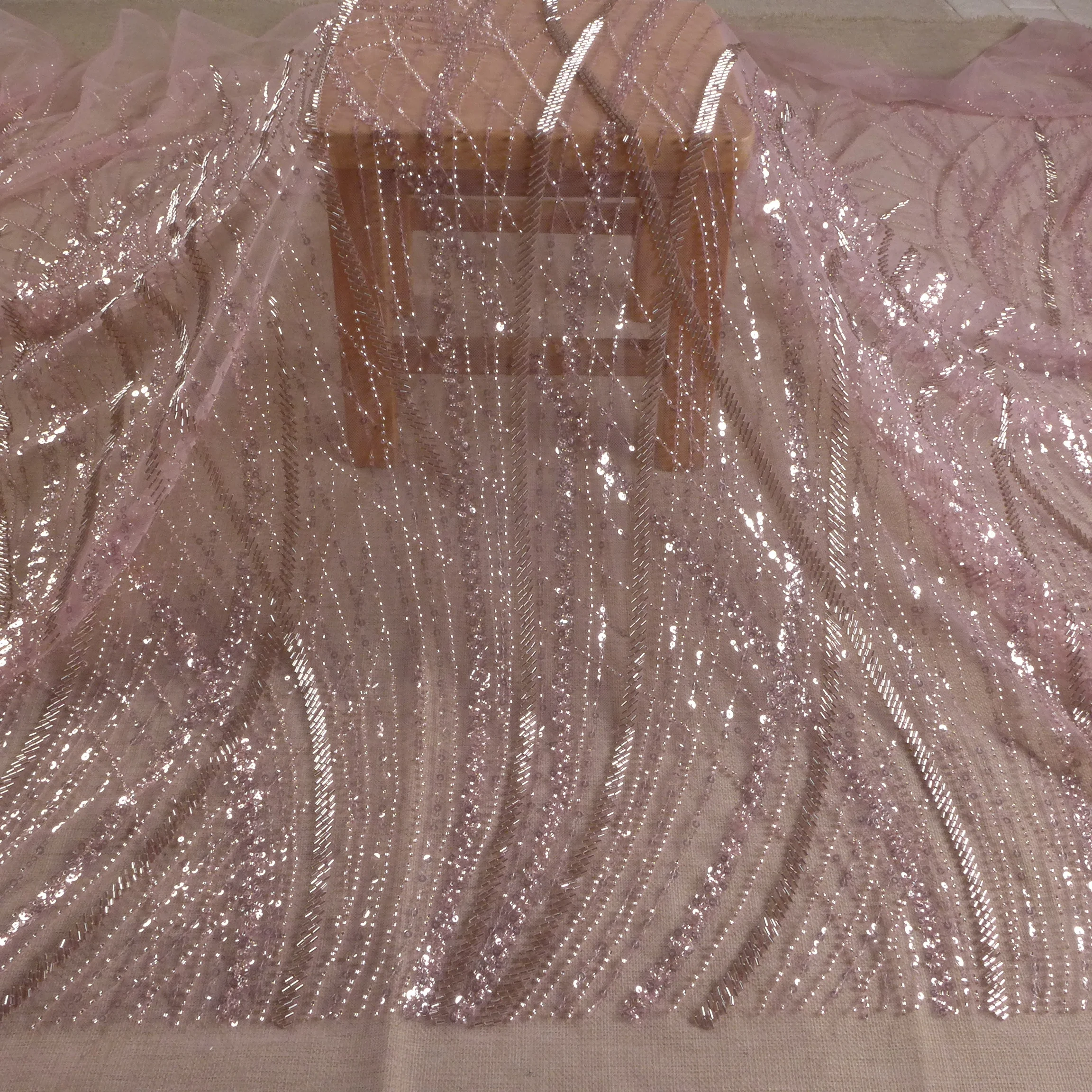 Description Picture 2 of itemLa Belleza 2022 hot lace fabric,Pink beads sequins lines lace, Black,gold,,beaded evening Gown dress lace,47'' width 1 yard