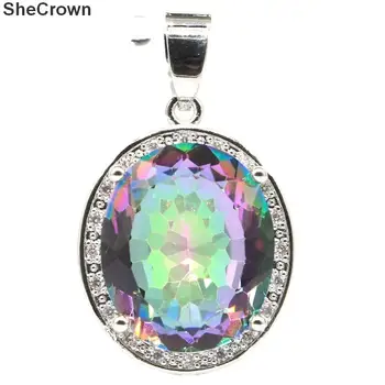 

31x19mm Pretty Created Oval 18x15mm Fire Rainbow Mystic Topaz White CZ Gift For Woman's Silver Pendant