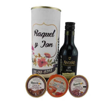 

6 pcs/personalized tin with wine old tempranillo, cream morcilla's, cream lomo salchichón's healed and cream