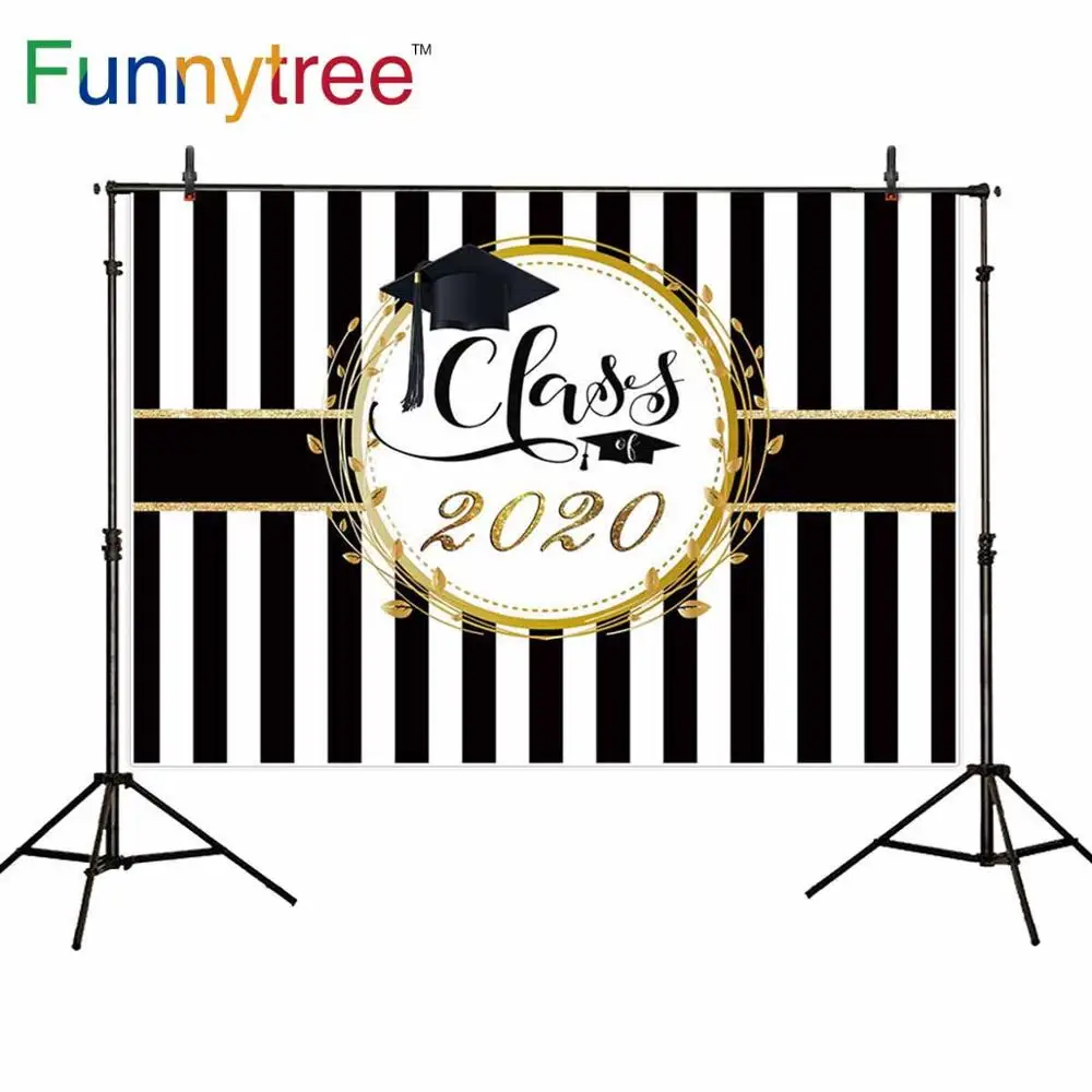 

Funnytree 2020 Graduation Party Photo Background white and Black Stripe Graduation Cap Photography Backdrop Decoration photozone