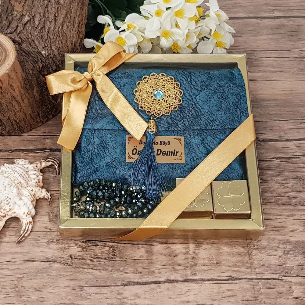 Luxury Muslim Gift Set Name Printed Velvet Bag Yasin Al Sharif Book Rosary Wholesale Mevlut Religious Islamic Items Ramadan 2023