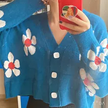 Estilo Preppy de punto con flores Cardigans suéter mujeres cuello en V suelto elegaht Thicked Pull Femme imprimir abrigo corto Casual