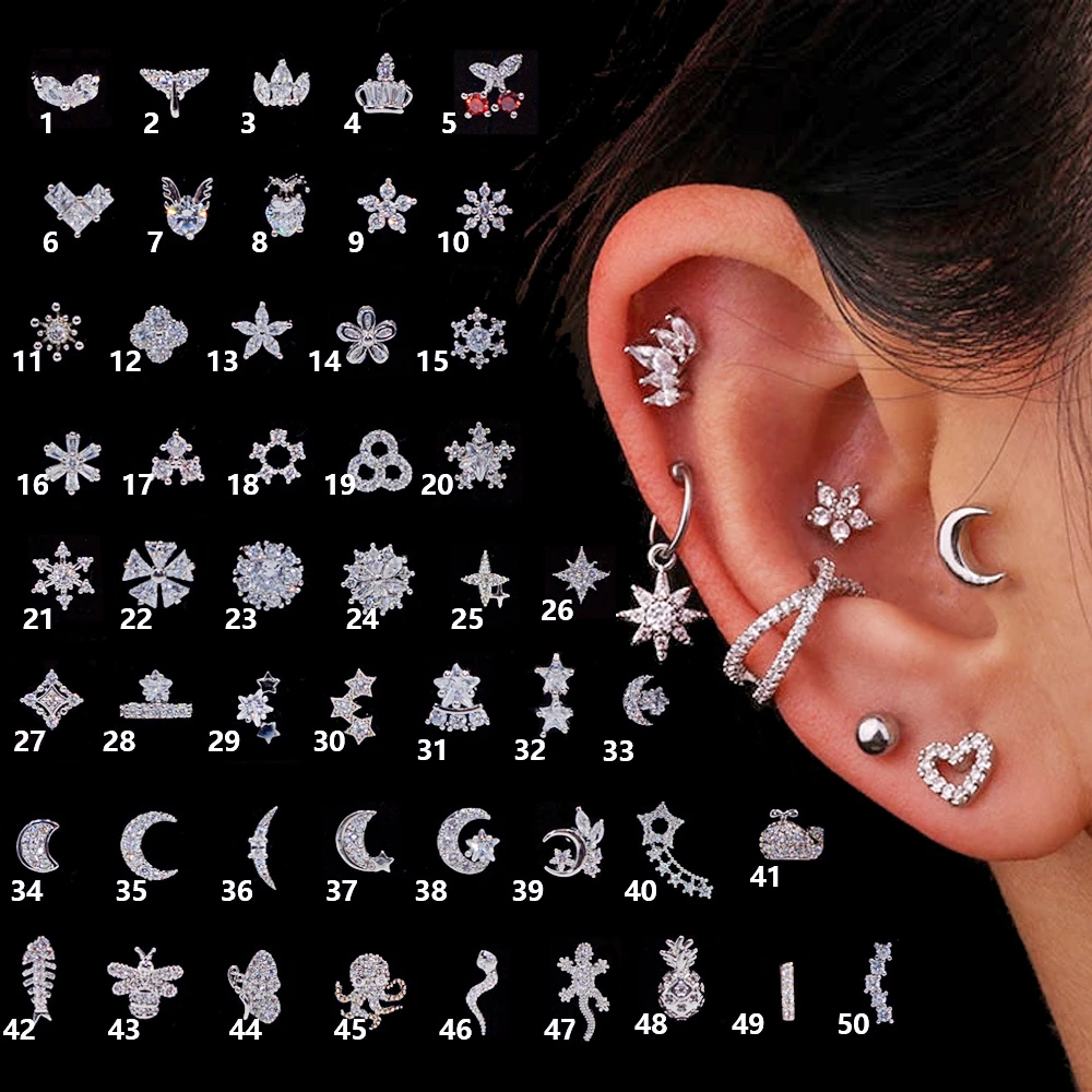 1PC 50 Styles Choose Steel Ear Tragus Cartilage Piercing Moon Star  Cartilage Earring Conch Tragus Stud Helix Cartilage Piercing