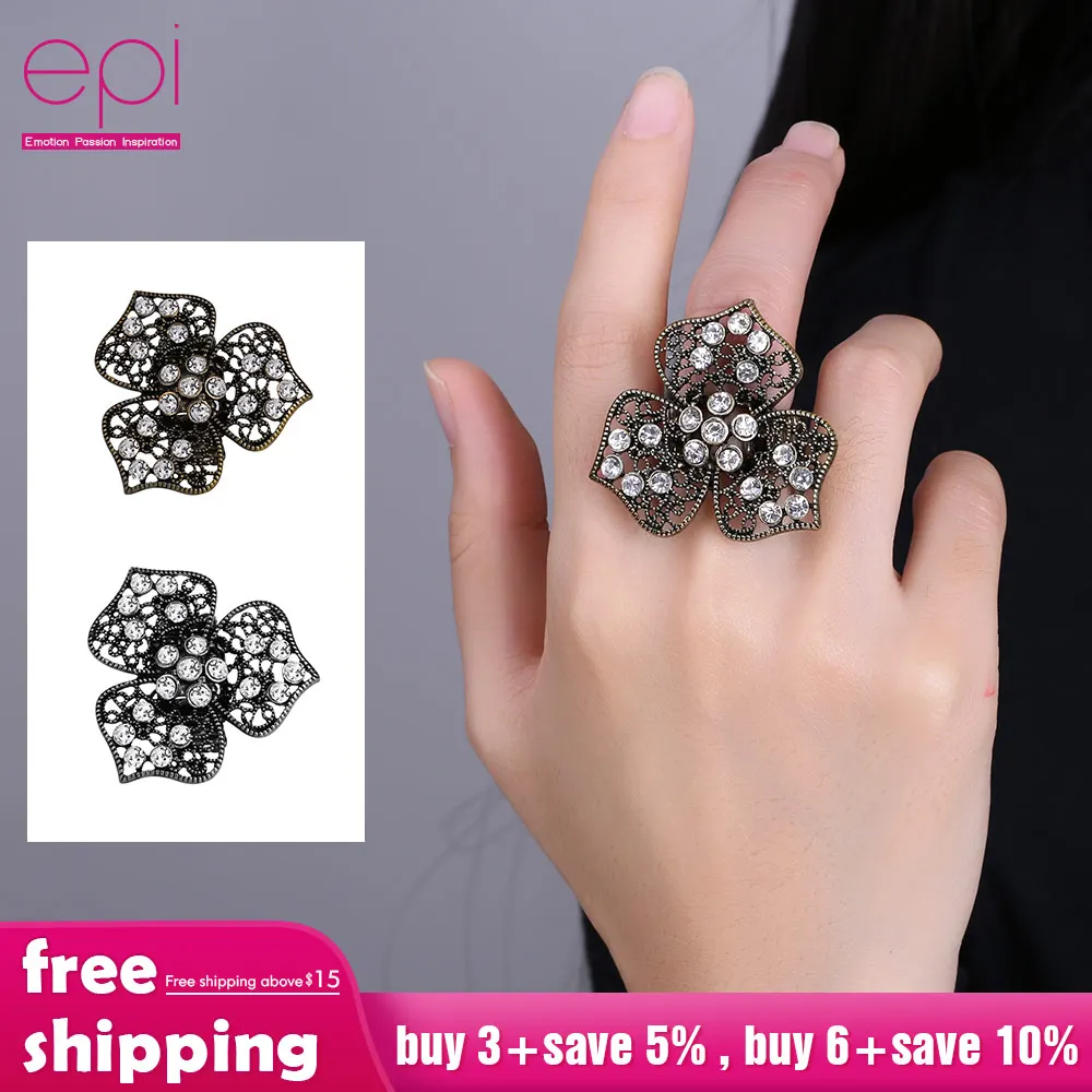 

EPI Black Rose Flower Big Vintage Rings For Women Unique Retro Crystal Rhinestone Jewelry Luxury Gift