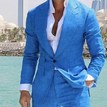 2022 Blue Peaked Lapel One Button Wedding Tuxedos Summer Beach Costume Groom Wear Formal Best Man Blazer Suits (Jacket+Pants)