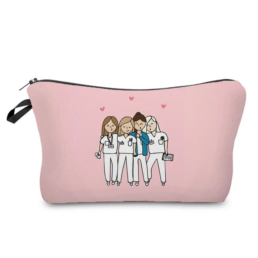 Bolsas de cosméticos con estampado de enfermera de dibujos animados para mujer, bolsa de maquillaje plegable de alta capacidad, bolsa de almacenamiento Eco reutilizable, estuche de lápices elegante