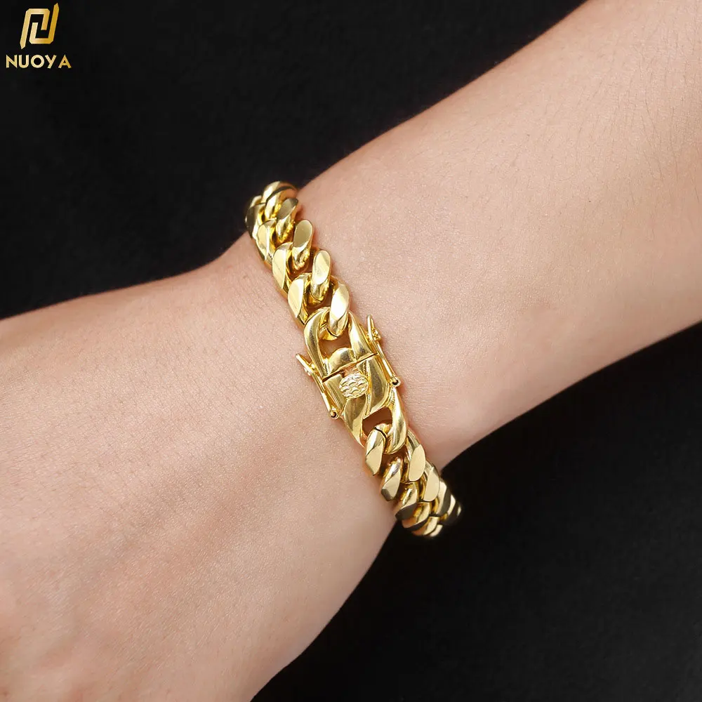 Set di gioielli con bracciale e collana in acciaio inossidabile con catena a maglie cubane piatte spesse placcate color oro impermeabile per ragazza da donna Hiphop  36