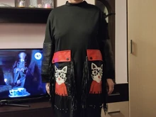 Black Dress Robe Fringes Long-Sleeve 3084 Midi Plus-Size Woman Winter Cute PU Cartoon