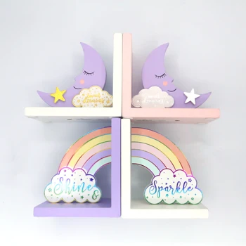 

2 PCs wooden bookend book holder shape Rainbow Moon colorful decoration