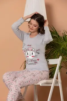 

STRAWBERRY Women 'S Gray Melange Printed Long Sleeve Pajamas Suit