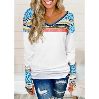 

Bohemia V-Neck Women Top Tee Winter Autumn Bottoming 2020 New Button Top Casual Patchwork Long Sleeve Pullover Tees Lady Clothes