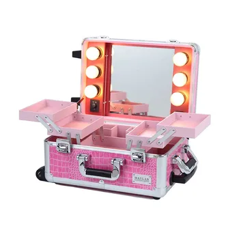 

MAYLAN Makeup Cosmetic Train Case With Mirror And Lights, Mini Size Pink
