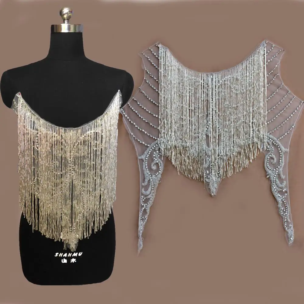 

La Belleza fringe appliques,silver beads embroidery patch,crystal appliques,wedding gown appliques,silverbeaded patch by pieces