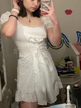 Bazaleas-vestido de encaje bordado blanco para mujer, vestido Vintage de cintura Bandage con lazo cruzado, vestidos de mujer con volantes a la moda