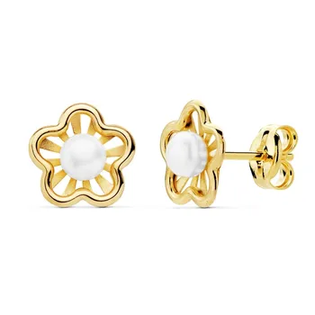 

18k gold earrings Girl 8mm. Flower detail Pearl Center 3mm. Bands smooth openwork close pressure