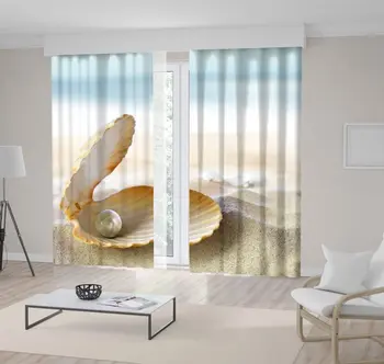 

Curtain An Open Shell with Pearl on Sand Beach Summer Seashore Natural Jewel Photo Beige