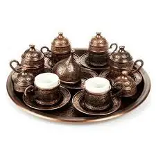 Baratos Juego de tazas de café Espresso de cobre Otomano turco árabe 6 uds. Tazas salsas con bandeja, tazón de azúcar hecho en caja de regalo de pavo