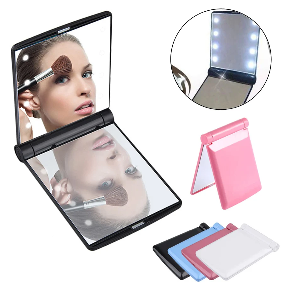 

Portable 8 LED Lights Makeup Mirrors Double-Sided Cosmetic Mirror Folding Compact Pocket Mirror With Lamps Women Beauty Tool
