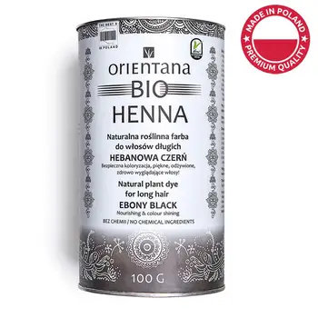 

Orientana Bio Hair Henna EBONY BLACK for long hair - 100% vegan, 100% herbal, dyes hair permanently, gives hair volume, 100 g
