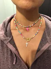 Pendant Necklace Beads Choker Boho Statement Colour Moon Girl Long-Cross Double-Layer
