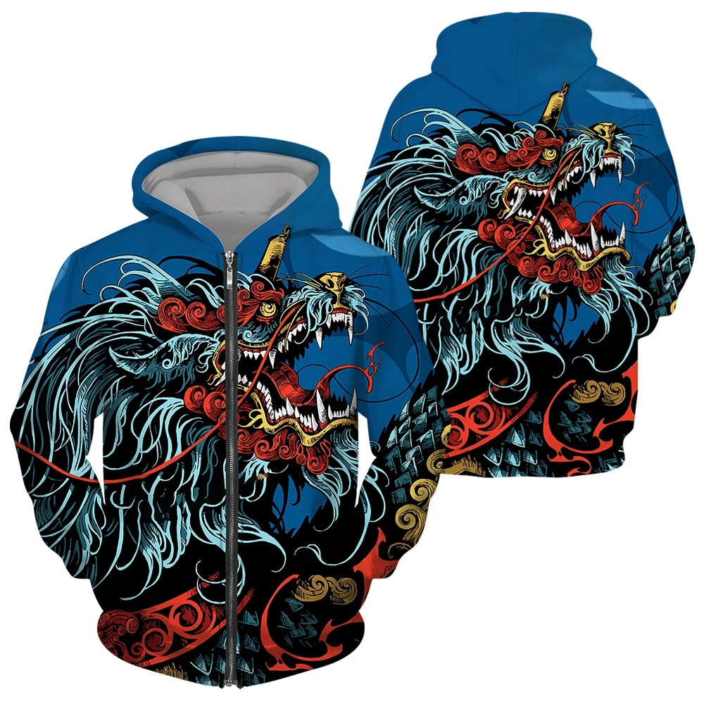 Autumn 3D Oriental Dragon God Printed Mens Hooded Sweater Set Male Japanese Samurai Tattoo Zipper 3d Tracksuit Men Clothing Suit mens jogger sets Men's Sets