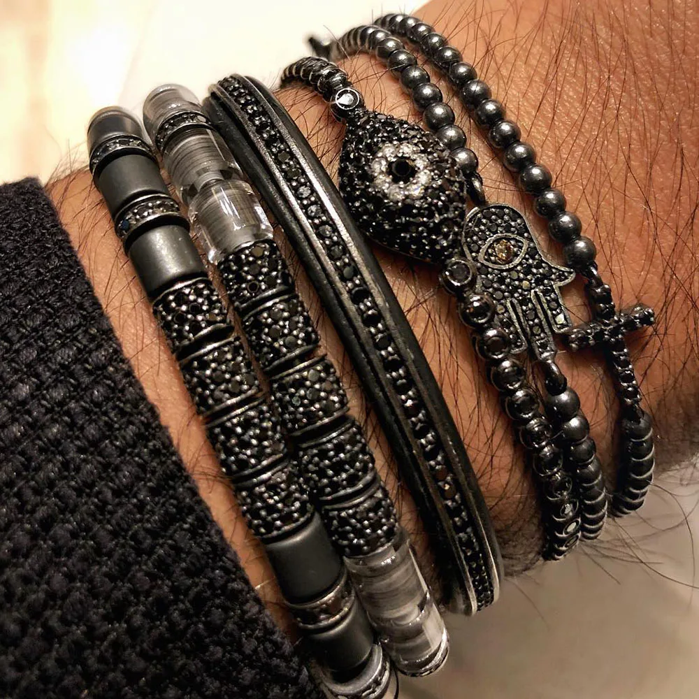 

Unique Original Bangle Black Gun & Black Zircon Tube & Stainless Steel Beads Stringed Up Men Bracelets Summer Jewelry Party Gift