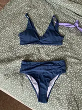 Peachtan-bikinis de cintura alta para mujer, bañador Sexy acanalado liso, traje de baño deportivo para mujer con cuello de pico, bikini a rayas 2021