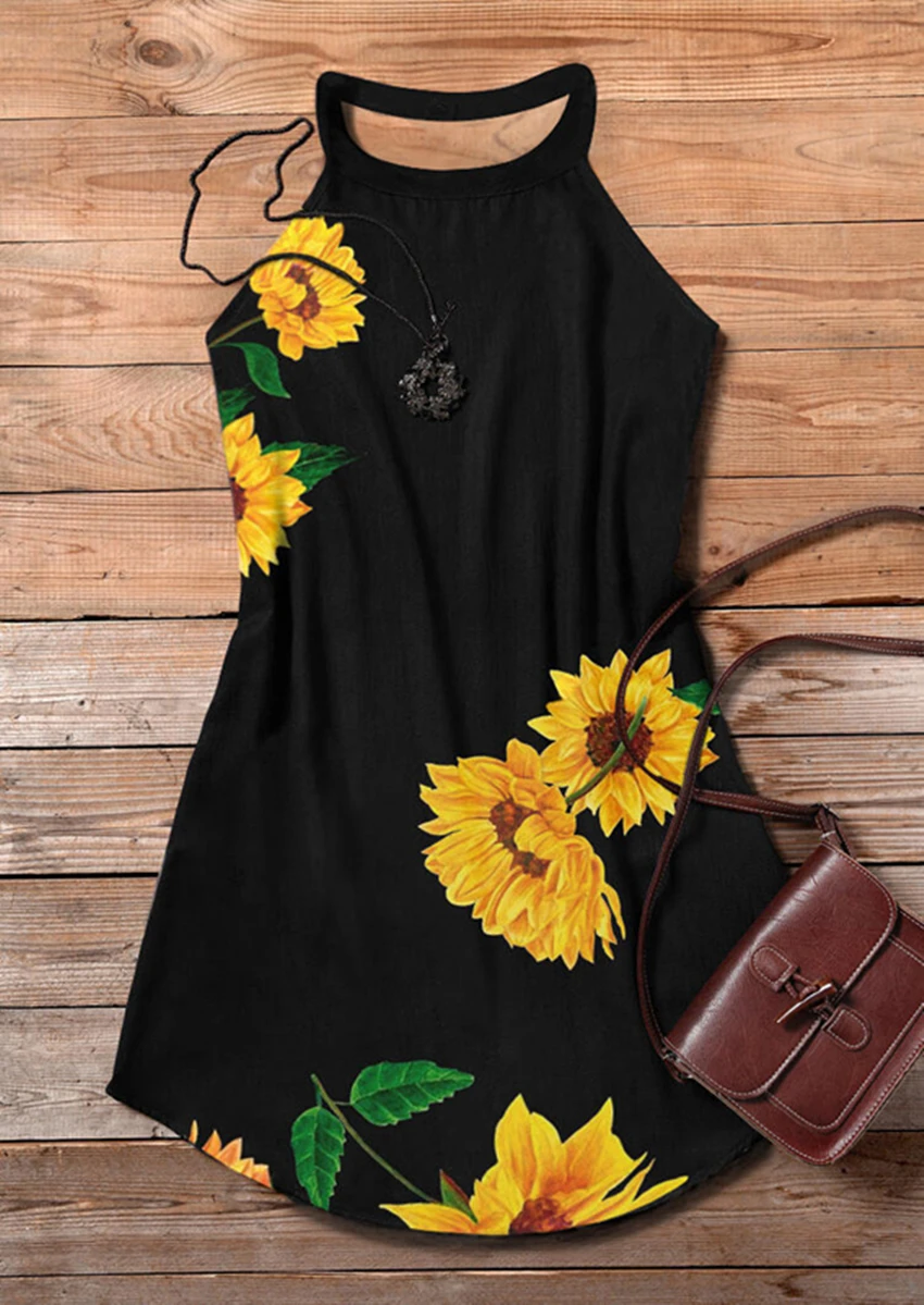 Sunflower Halter Casual Mini Dress 