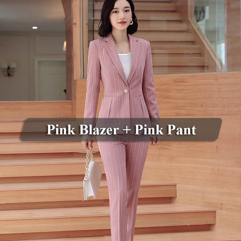 2 Pieces Pink Suit Lenshin, высококачественный комплект из 2 предметов, полосатый формальный брючный костюм с большими карманами, Блейзер, офисный женский деловой пиджак и штаны - Цвет: 2 Pieces Pink Suit