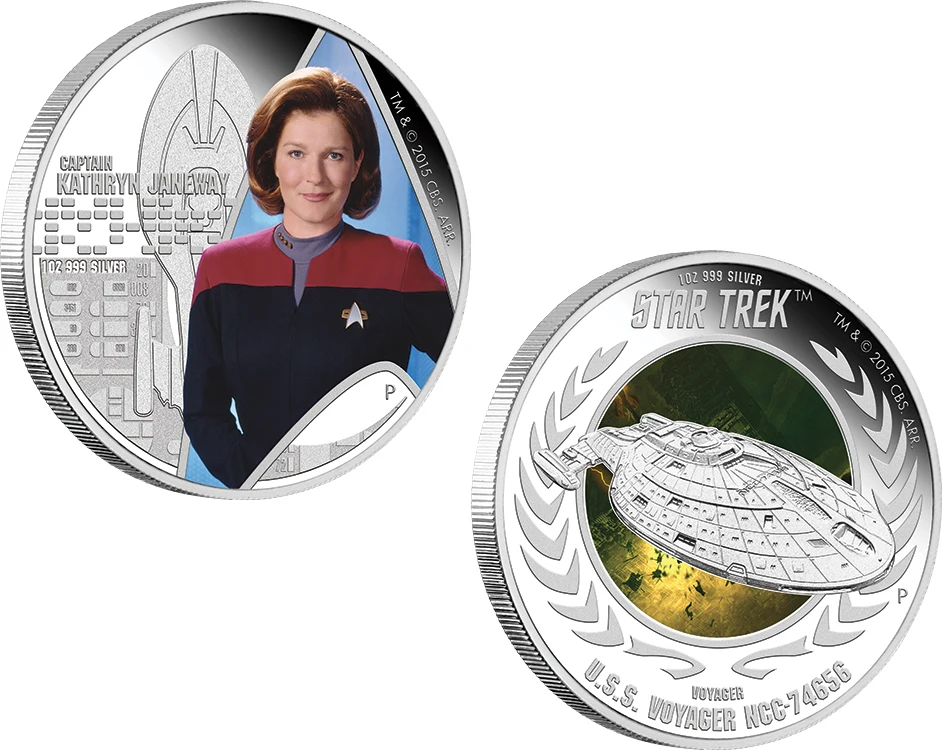 CAPTAIN KATHRYN JANEWAY U.S.S. VOYAGER NCC-74656 Star Trek Two Silver Coin Set 1$ Tuvalu