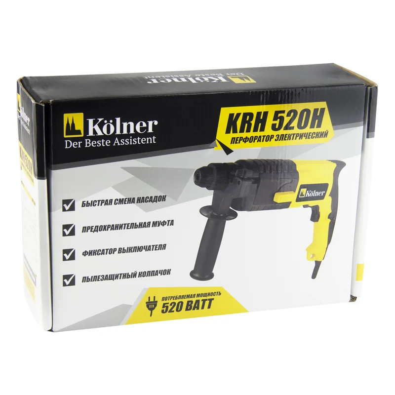 Перфоратор Kolner KRH 520 H, 520 Вт, 2 режима работы, скорость 0-1000 об/мин, 0-3900 об/мин, Энергия удара 1,5 Дж, реверс
