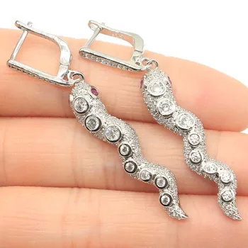 

54x7mm Stunning Created Snake Garnet Natural White CZ Gift For Woman's Silver Earrings