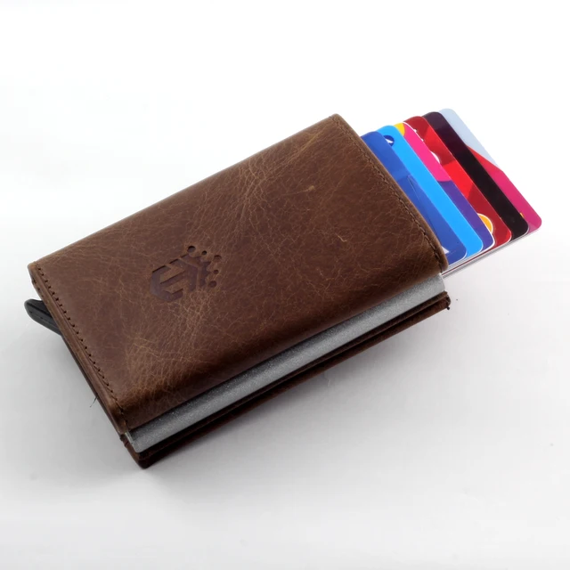 Smart Wallet Business Card Holder Real Cow Leather Handmade Smart Automatic Card Holder Men Gift Standart Coffee