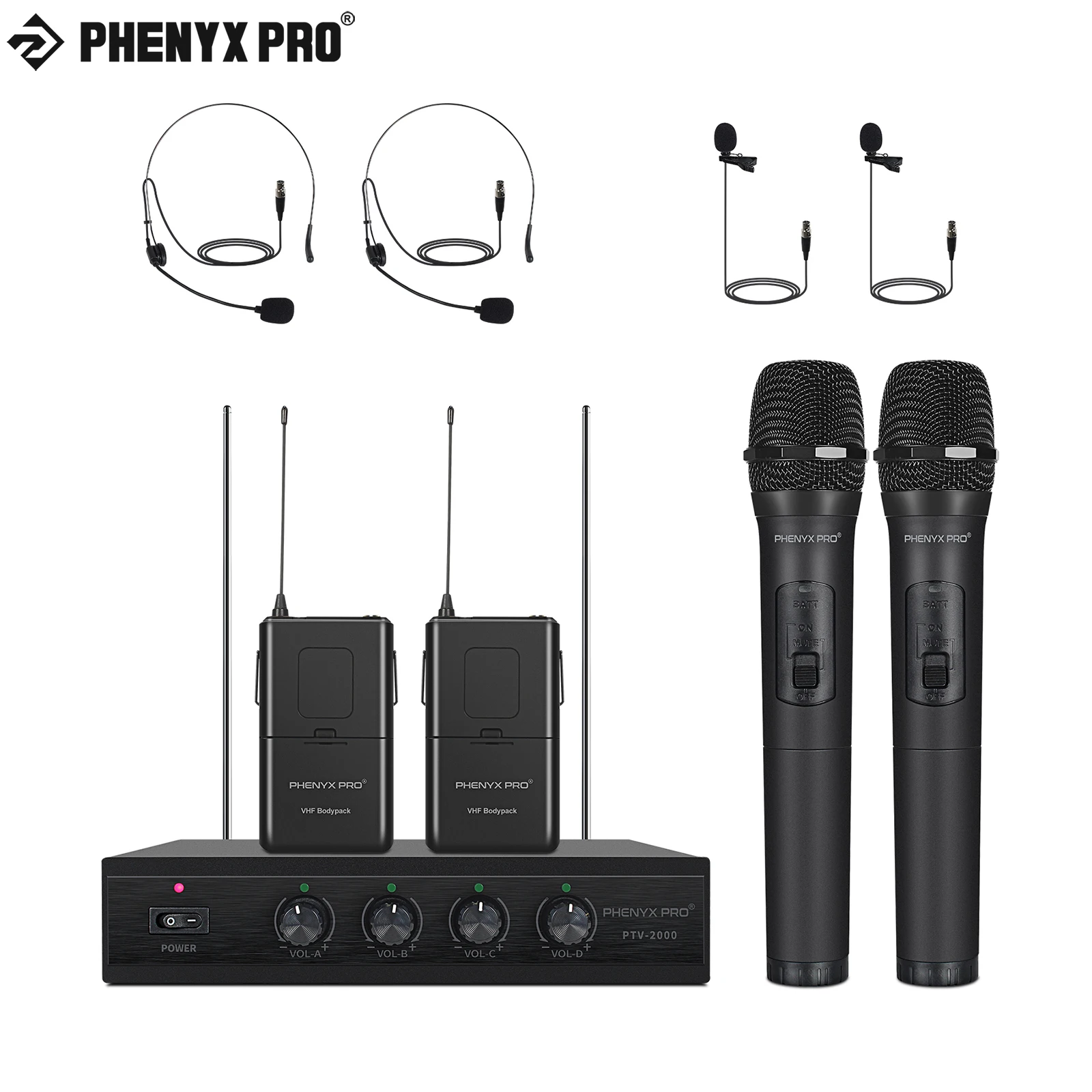 PhenyxPro4ChannelVHFWirelessMicrophoneSetwith2Handhelds2