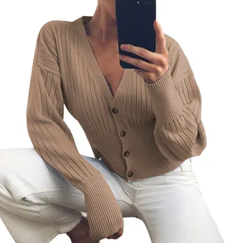 

2020 ladies knitted coat ladies solid color button long sleeve short sweater casual short jacket