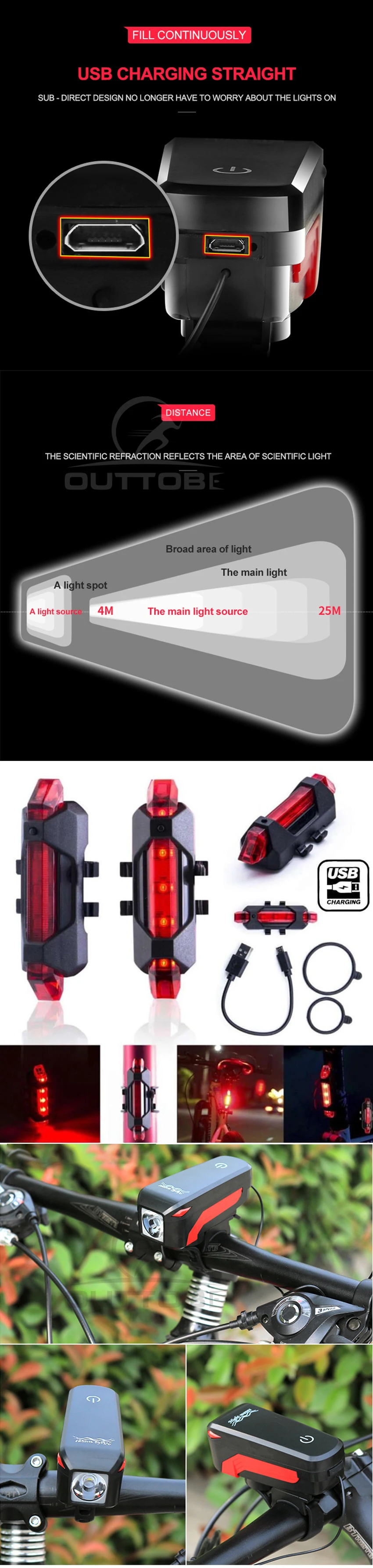 Outtobe USB Bike Light Set Bicycle Headlight and Free Tail Light Waterproof  LED Bicycle Front Head Light Taillight Torch Flash